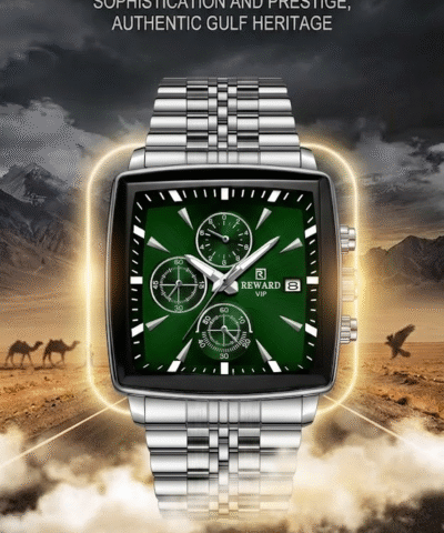 ساعة "REWARD VIP" الرجالية الفاخرة – تصميم مربع أنيق بميناء أخضر ملكي وسوار ستانلس ستيل فضي ⌚✨
