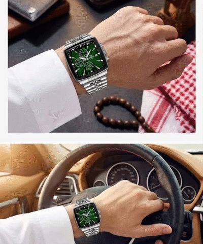 ساعة "REWARD VIP" الرجالية الفاخرة – تصميم مربع أنيق بميناء أخضر ملكي وسوار ستانلس ستيل فضي ⌚✨